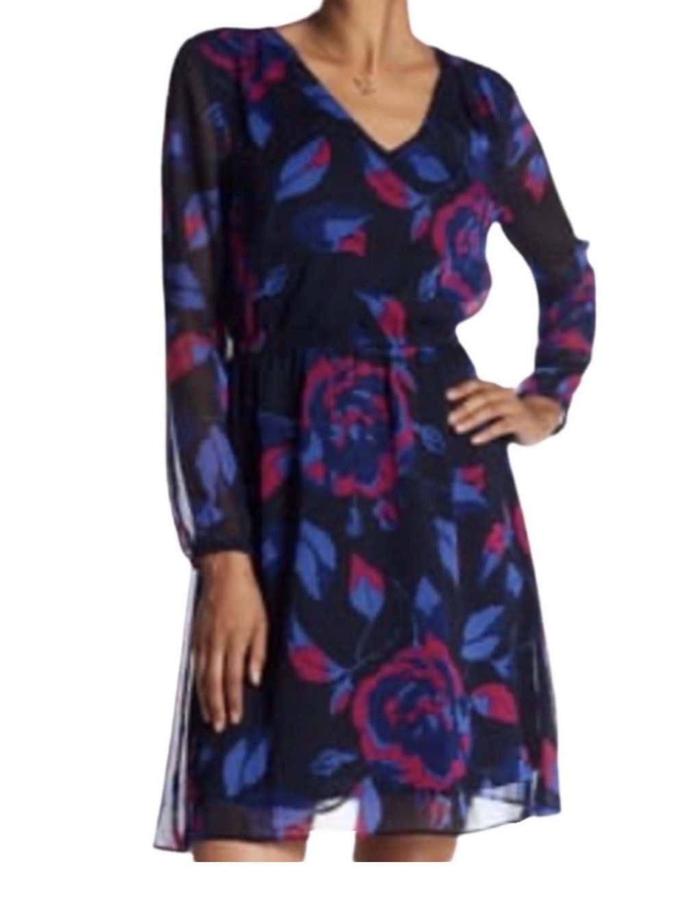 Joe Fresh Navy Floral Chiffon Dress Long Sleeve V Neck Boho Romantic Midi Large